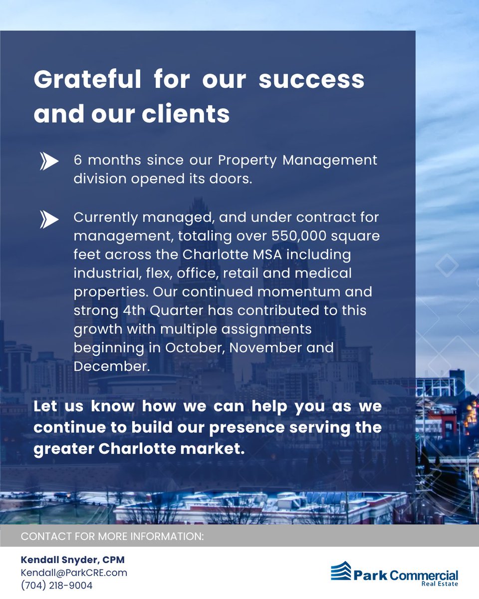 Park Commercial Real Estate Property Management delivers operational efficiency, risk mitigation, and peace of mind. Backed by over a 100 years of combined leadership experience and a proven track record of results. Let us know how we can help you!