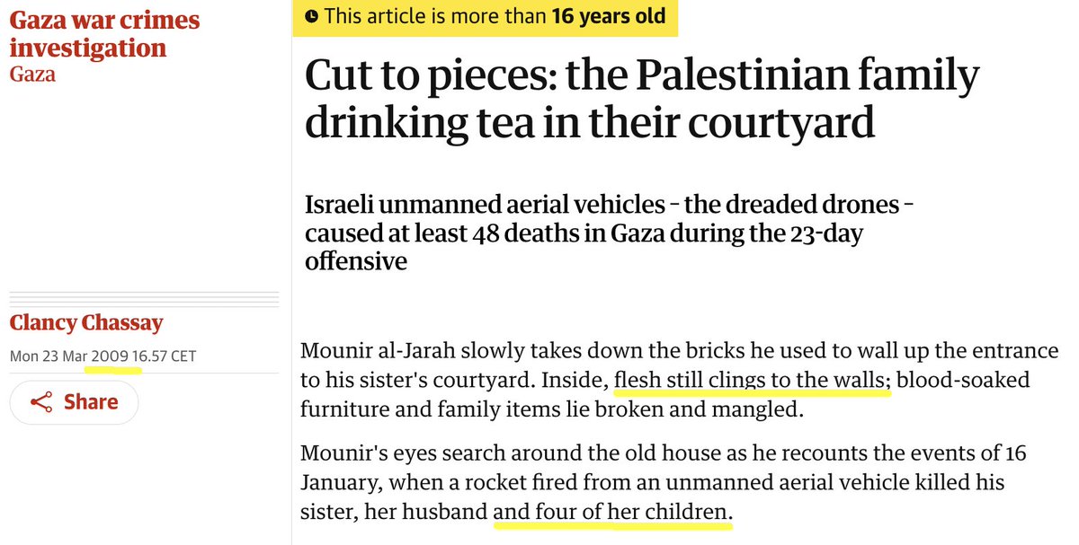 This article, on how Israel used drones to massacre children in Gaza while they were drinking tea, is more than 16 years old.