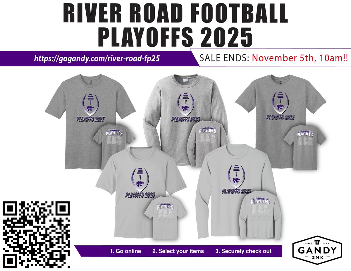 Wildcat fans—our River Road Football Playoffs 2025 shirts are now available! Show your support and celebrate the spirit of the playoffs in true River Road style.

Orders close Wednesday, November 5, at 10:00 AM (CST).
Get yours here: gogandy.com/river-road-fp25