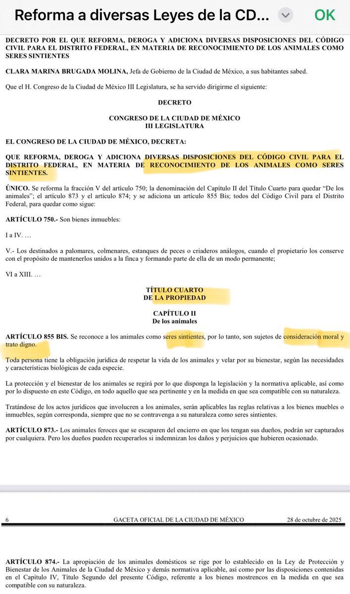 Amanecemos con el código civil de la CDMX reformado para sacar a los animales de la clasificación de bienes muebles y ponerlos en la de ✨seres sintientes✨

Gracias por la buena noticia, <a href="/aellamas/">Ernesto A Cortés Ll.</a>