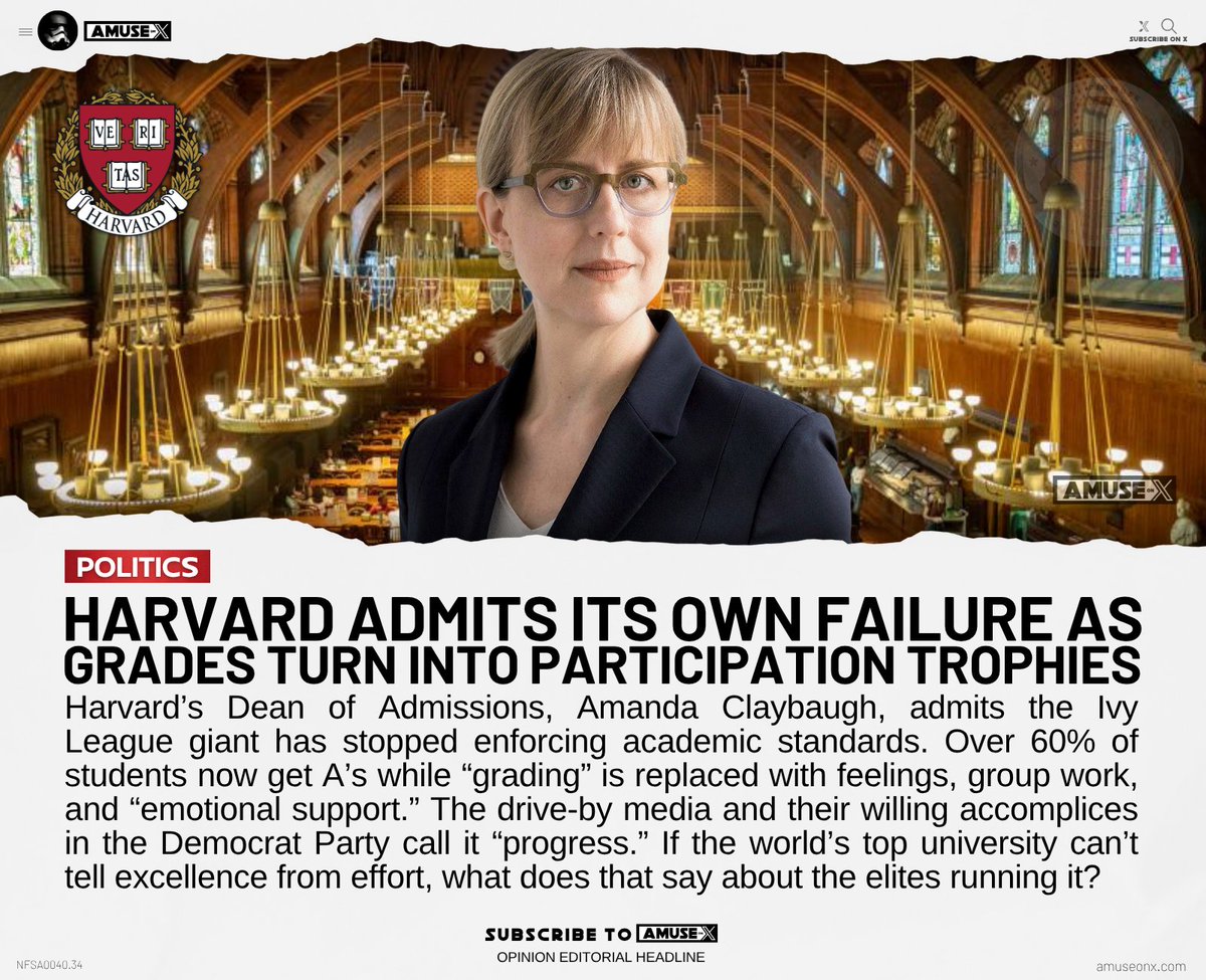 DEI: Harvard admitted it stopped enforcing academic standards. Over 60% of students now get A’s as “grading” is replaced with feelings, group work, and “emotional support.” The perfect example of the collapse of merit by the so-called elites running America.