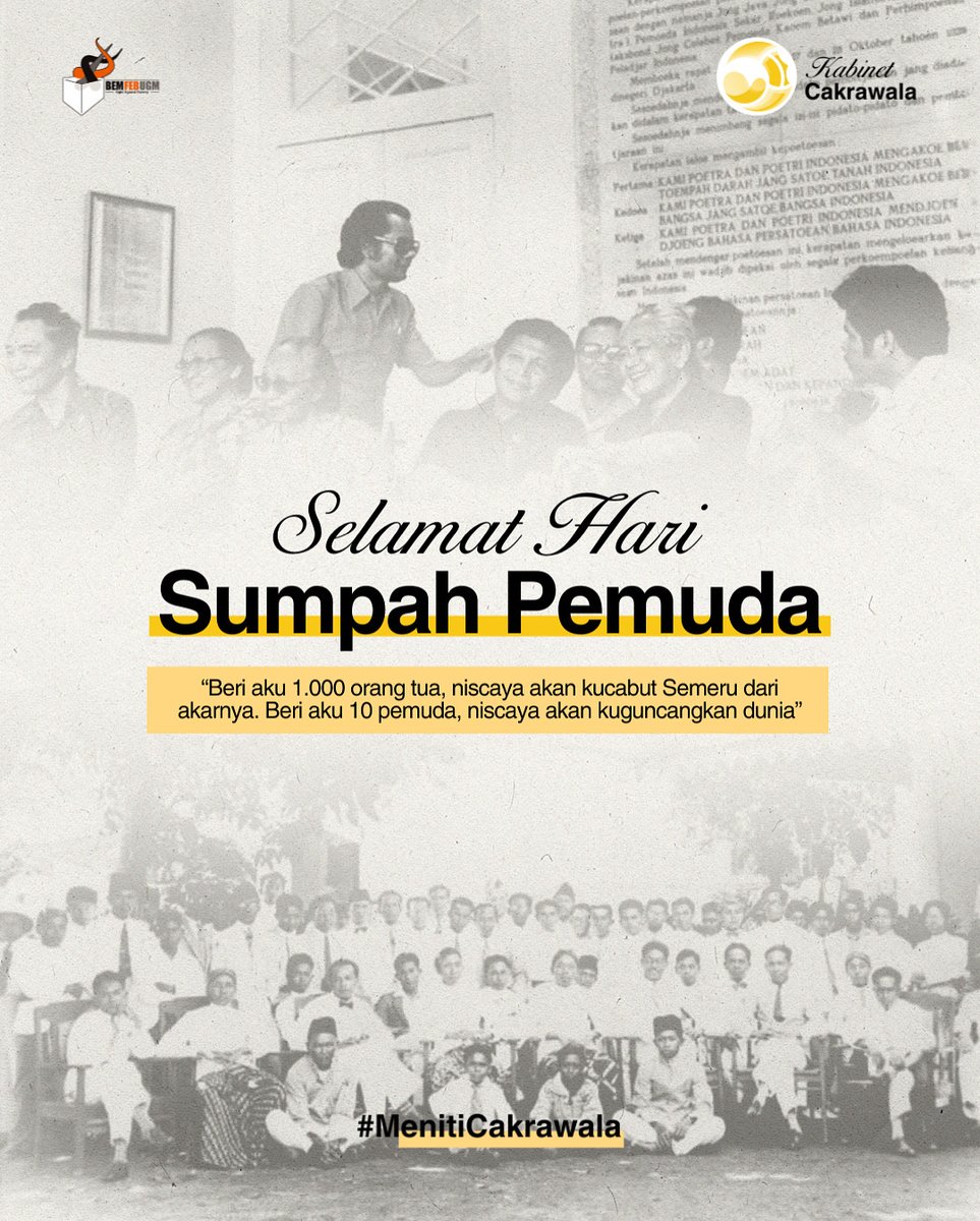 [Hari Sumpah Pemuda]

Selamat Hari Sumpah Pemuda, Bemmyzen! 🇮🇩✨
Mari teruskan api perjuangan mereka dengan karya nyata, inovasi, dan semangat kolaborasi untuk Indonesia yang lebih maju! 💡

Departemen Media dan Informasi
BEM FEB UGM 2025
Kabinet Cakrawala
#MenitiCakrawala
