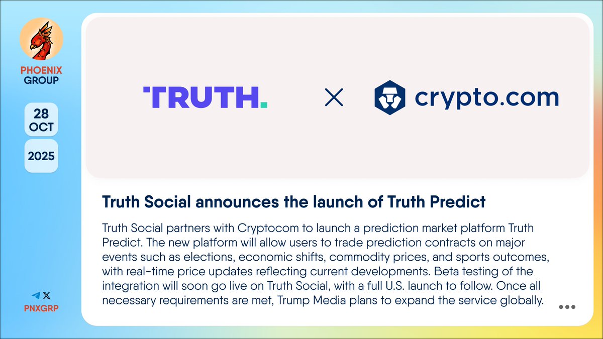 pnxgrp's tweet image. 🔥 @realDonaldTrump&apos;s Truth Social announces the launch of Truth Predict 

#TruthSocial partners with @Cryptocom to launch a prediction market platform #TruthPredict. The new platform will allow users to trade prediction contracts on major events such as elections, economic…