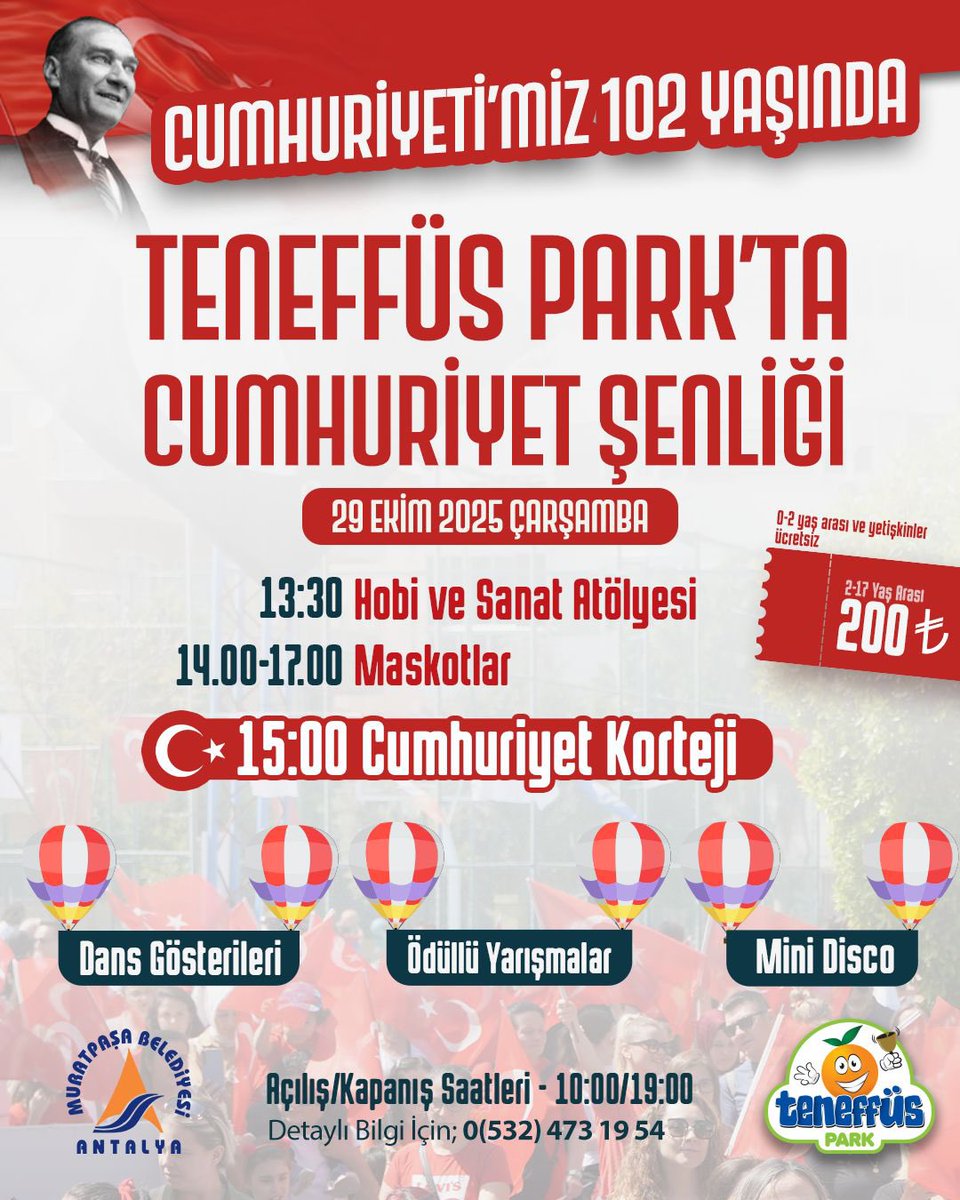 Cumhuriyet’imizin 102. Yılı Kutlu Olsun 🇹🇷
Dans gösterileri, ödüllü yarışmalar, maskotlar, hobi ve sanat atölyeleriyle bayram coşkusuna tüm komşularımızı bekliyoruz. 

📅 29 Ekim Çarşamba
⏰ 13.30
📍 Teneffüs Park