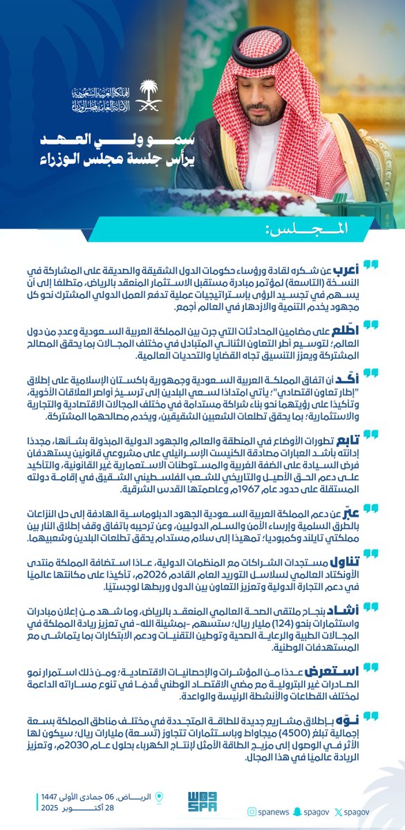 سمو ⁧#ولي_العهد⁩ يرأس جلسة ⁧#مجلس_الوزراء⁩ في الرياض.
⁧#واس