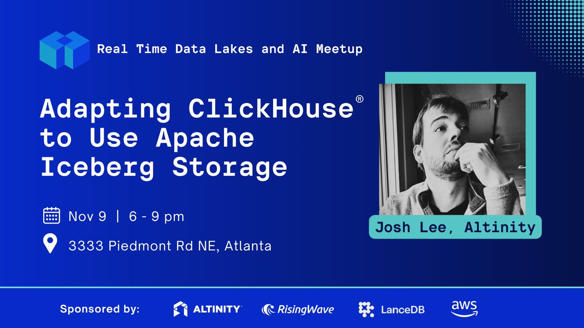 AltinityDB's tweet image. We’re bringing the Real-Time Data Lakes series to #Atlanta on Nov 9!

Hear from Altinity, @RisingWaveLabs, @lancedb, &amp;amp; @awscloud (coming soon) on:
⚡ #ClickHouse® &amp;amp; Apache Iceberg integration
🌊 Streaming-first Iceberg engine
🧠 Multimodal #AI lakehouses

hubs.la/Q03Qphpr0