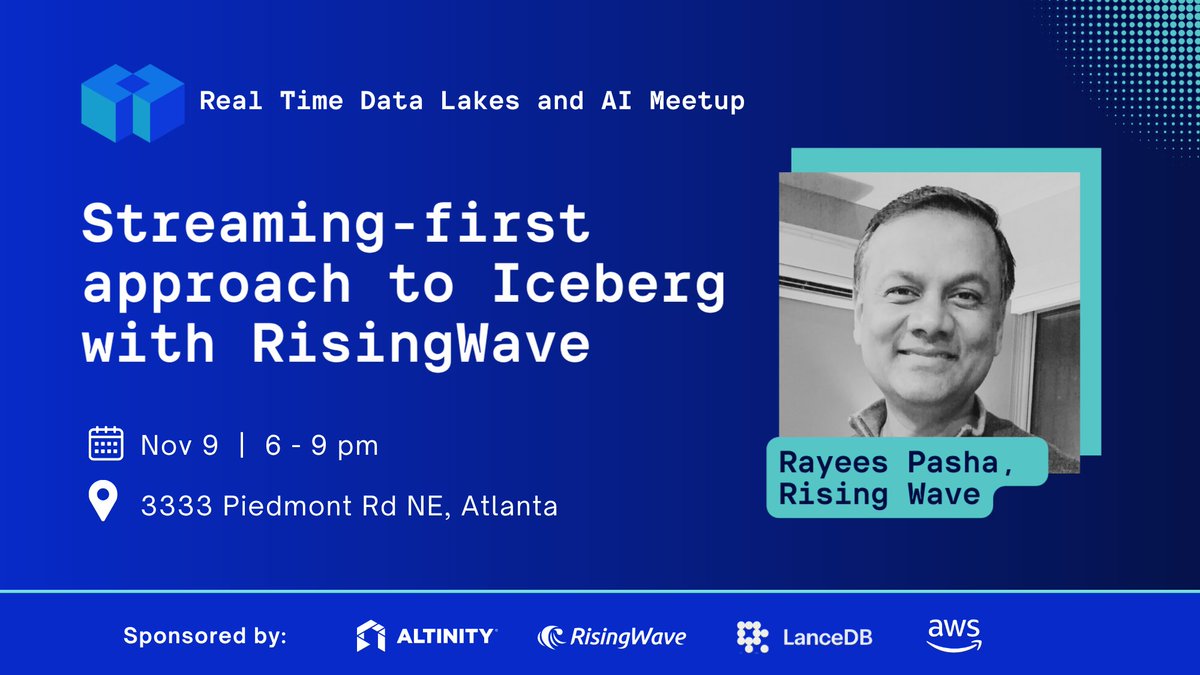 AltinityDB's tweet image. We’re bringing the Real-Time Data Lakes series to #Atlanta on Nov 9!

Hear from Altinity, @RisingWaveLabs, @lancedb, &amp;amp; @awscloud (coming soon) on:
⚡ #ClickHouse® &amp;amp; Apache Iceberg integration
🌊 Streaming-first Iceberg engine
🧠 Multimodal #AI lakehouses

hubs.la/Q03Qphpr0