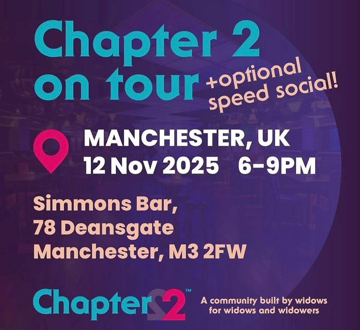 Join us for a relaxed evening of community, conversation &amp; good company at Chapter 2’s Speed Dating event for widows and widowers.

📅 Nov 12th ⏰ 6–9 PM📍 Simmons Bar Manchester
🎟 Free entry — your next chapter starts here. 💙

🔗 RSVP now: fanciful.app/chapter-2-even…