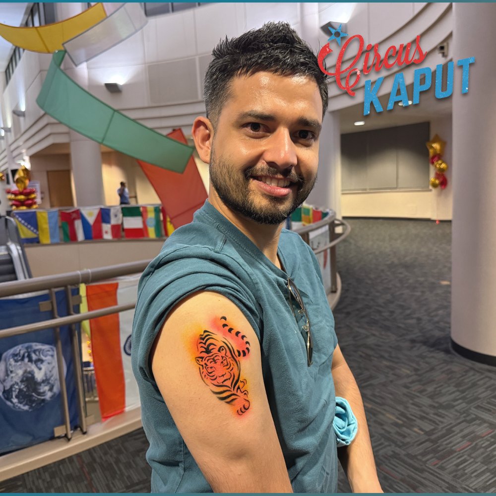 Your guests love to show off their temporary tattoos from #CircusKaput! 🐅 We book up fast so contact us now if you are planning an event.