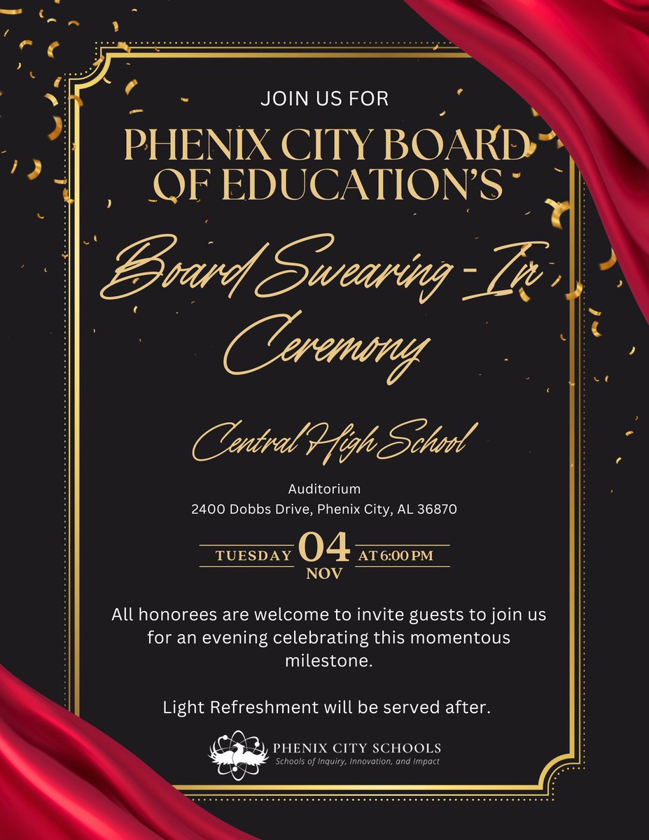 📣✨ Join the Phenix City Schools community to welcome our new and returning Board Members at the 2025 Swearing-In Ceremony!
 
📅 Nov 4, 2025
📍 Central High School Auditorium
⏰ 6:00 PM EST 

Let's celebrate leadership and commitment! #PhenixCitySchools