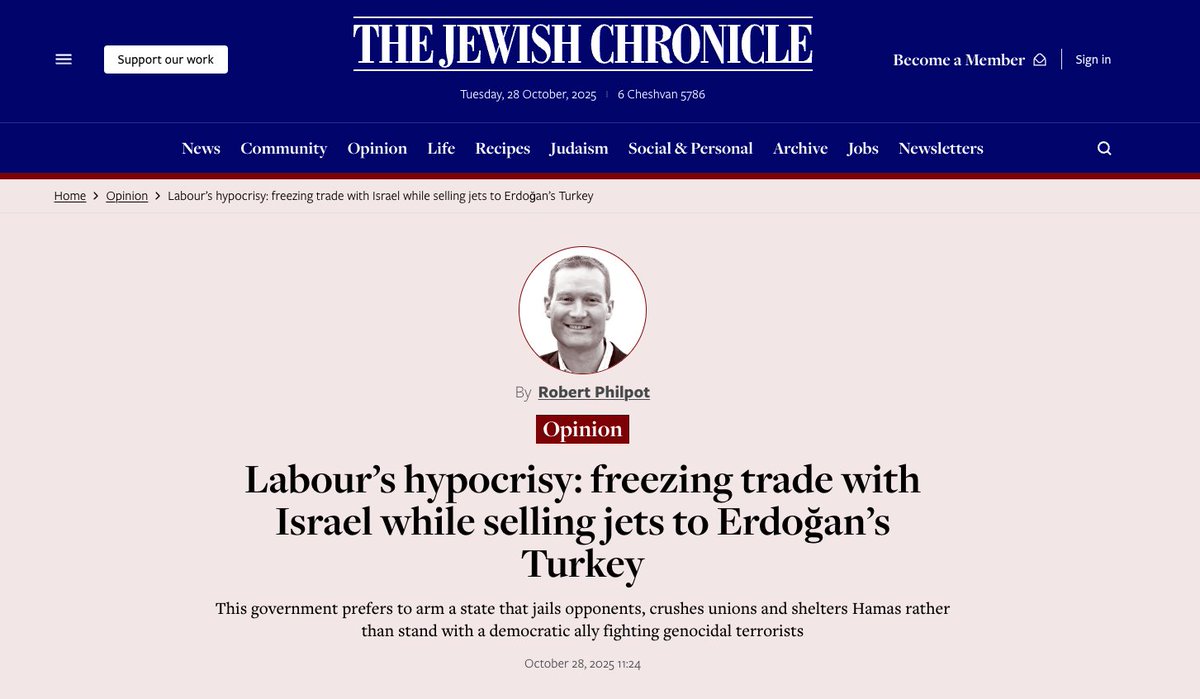 DSchwammenthal's tweet photo. Labour’s hypocrisy: freezing trade with Israel while selling jets to Erdoğan’s Turkey, writes @Robert_Philpot 
This government prefers to arm a state that jails opponents, crushes unions and shelters Hamas rather than stand with a democratic ally fighting genocidal terrorists https://t.co/WDDSNV2IDk