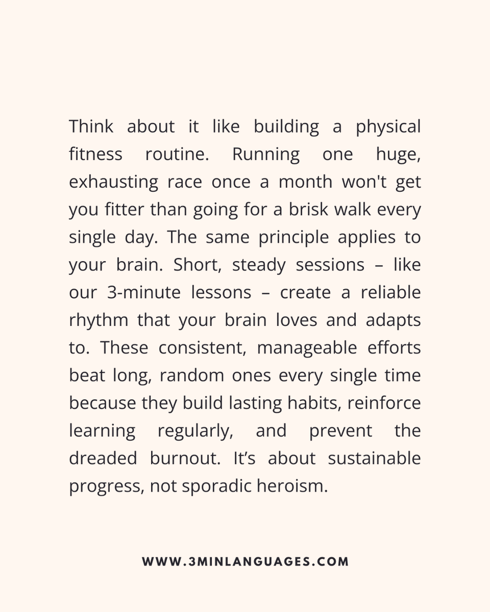 3MLanguages's tweet image. Consistency beats intensity.
 Brain-friendly, sustainable, effective.
 👉 Go steady: 3minlanguages.com

#3MinuteLanguages #StudyIn3 #LanguageLearning #MicroLearning #Consistency #LearnFrench #LearnSpanish #LearnGerman #LearnItalian #LearnPortuguese