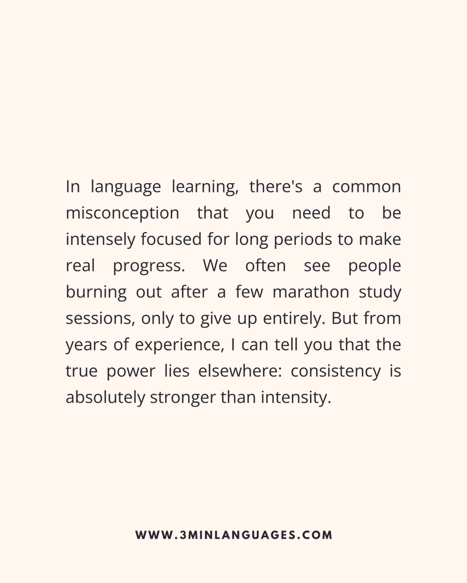 3MLanguages's tweet image. Consistency beats intensity.
 Brain-friendly, sustainable, effective.
 👉 Go steady: 3minlanguages.com

#3MinuteLanguages #StudyIn3 #LanguageLearning #MicroLearning #Consistency #LearnFrench #LearnSpanish #LearnGerman #LearnItalian #LearnPortuguese