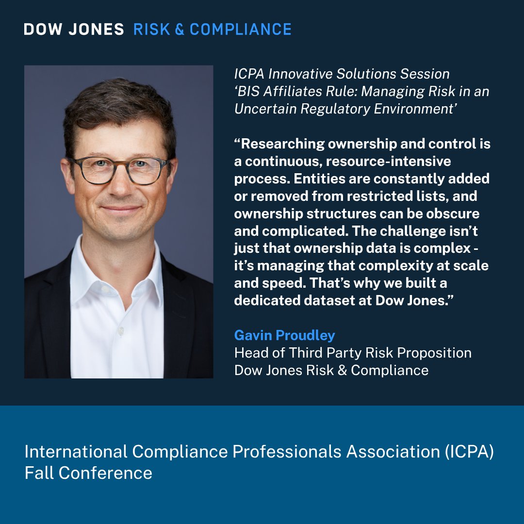 DJCompliance's tweet image. Missed @gavinjp&apos;s session at the @ICPA Fall Conference? He shared insights on the #BISAffiliatesRule and today’s fast-changing global regulatory landscape. Connect with us to learn more!

#ExportControls #compliance