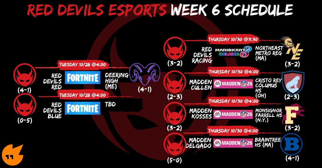 Esports schedule for the week of 10/27-10/31!

<a href="/BHSRedDevils/">Shaun Hart</a> <a href="/bhsprincipal/">Mark Sullivan</a> #rolldevs