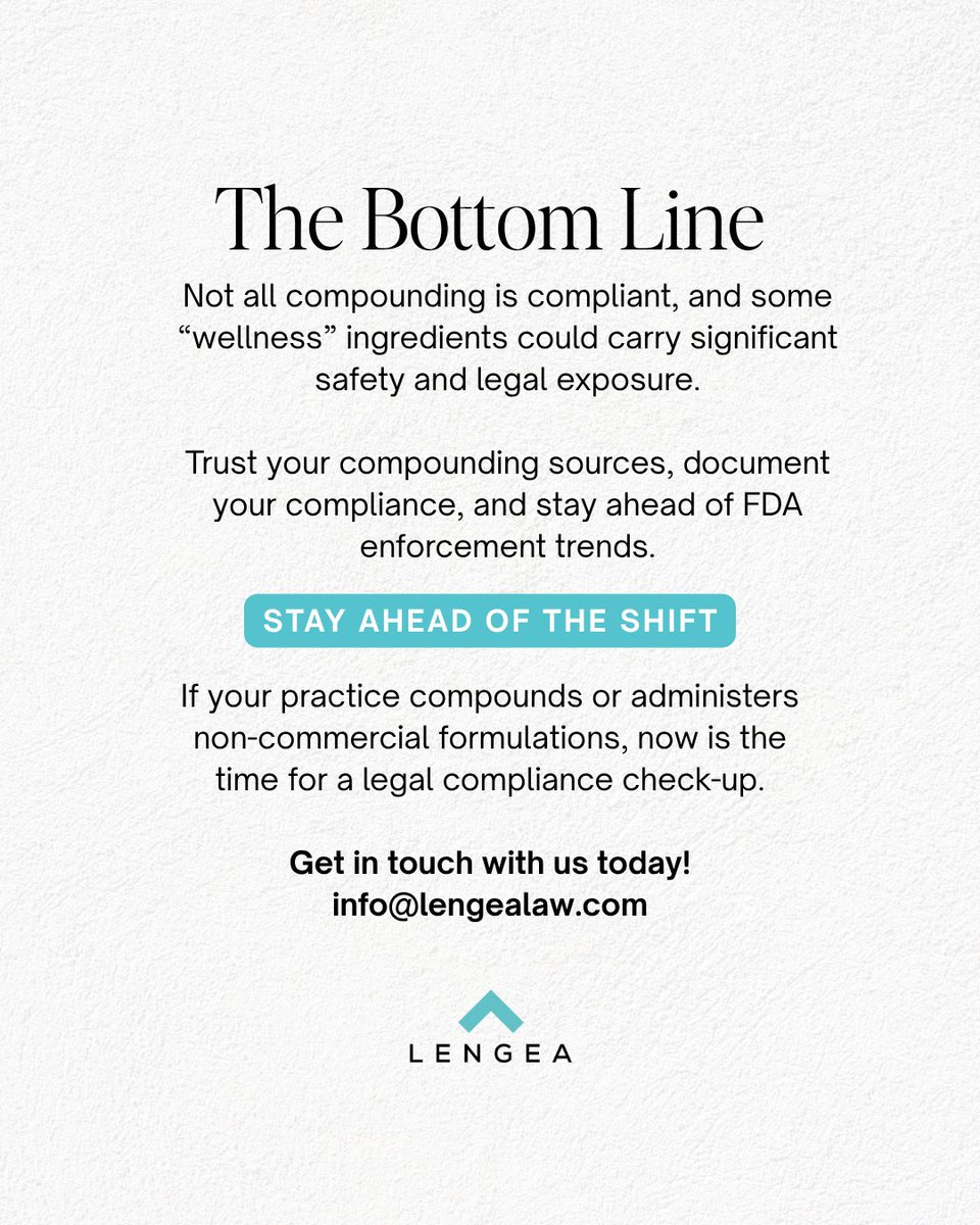 The FDA warns that compounding with certain bulk drug substances may pose major legal and patient safety risks, especially in IV drips and injectables.
Med spas should verify sourcing, review product menus, and stay ahead of enforcement.

Read more 👉 lengealaw.com/fda-issues-war…