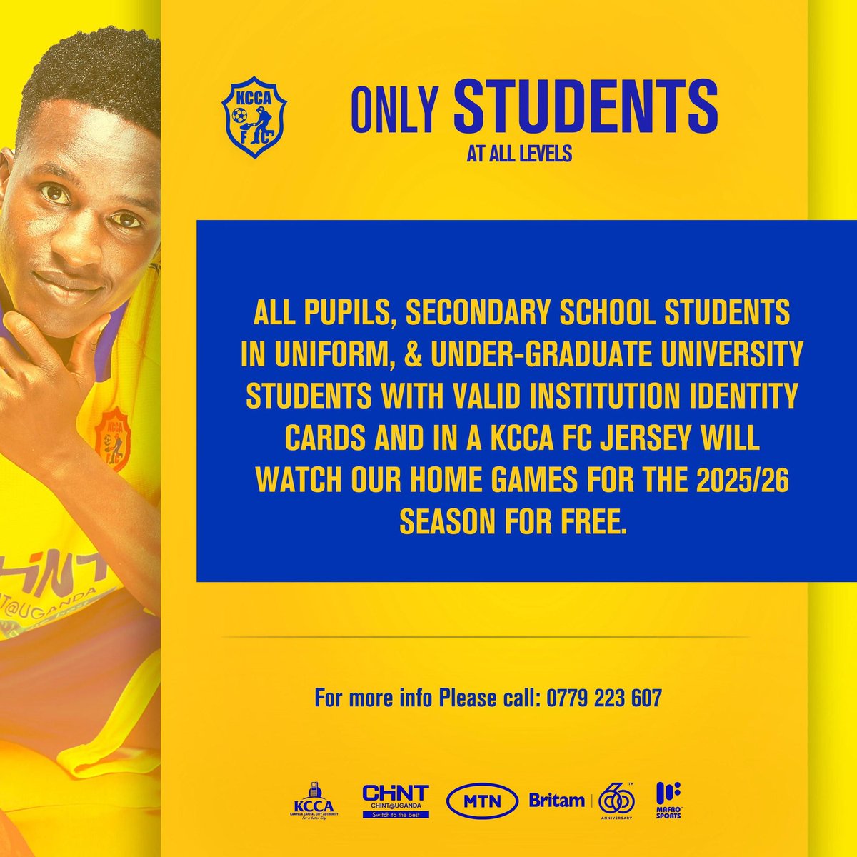 Moving forward

KCCA FC home games are free for all pupils, students in school uniform and under-graduate university students with a valid Identity Card. 

#KCCAFC