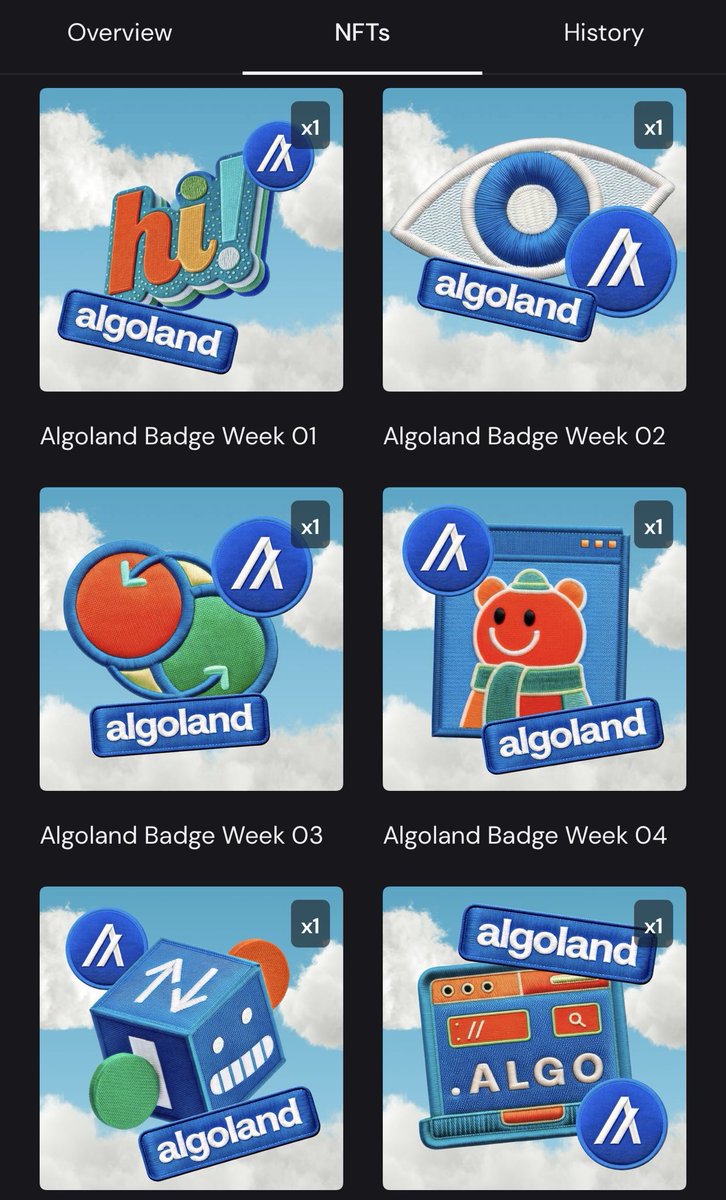 Quick flex of my <a href="/AlgoFoundation/">Algorand Foundation</a> Algoland badges! How many of you have done all six weeks worth of challenges so far?