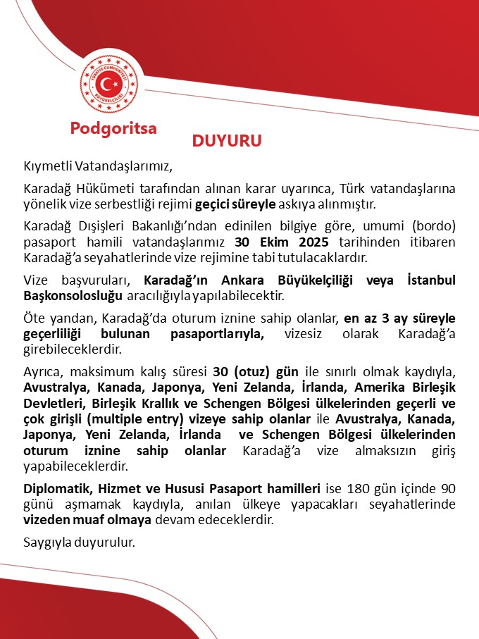 TC_PodgoritsaBE's tweet image. Karadağ&apos;a Seyahat Edecek Vatandaşlarımız için Duyuru