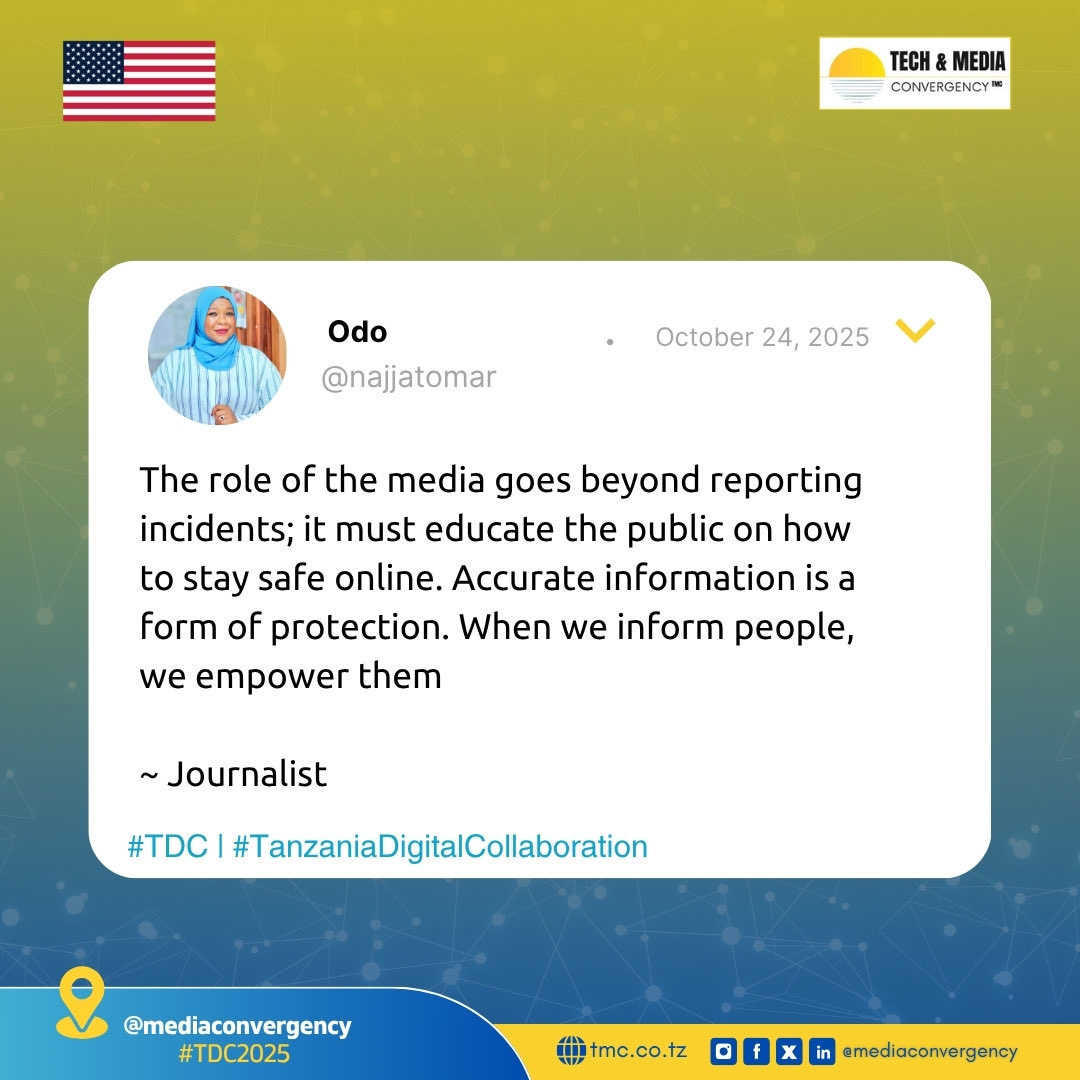 MediaConvergecy's tweet photo. Najjat Omar, Journalist, emphasizes that the media’s role extends beyond reporting by educating the public on how to stay safe online, accurate information becomes protection, and when we inform people, we empower them.

Listen more here 🔗 https://t.co/XBzYJ6hx3f

#TDC #TanzaniaDigitalCollaboration #DigitalLiteracy