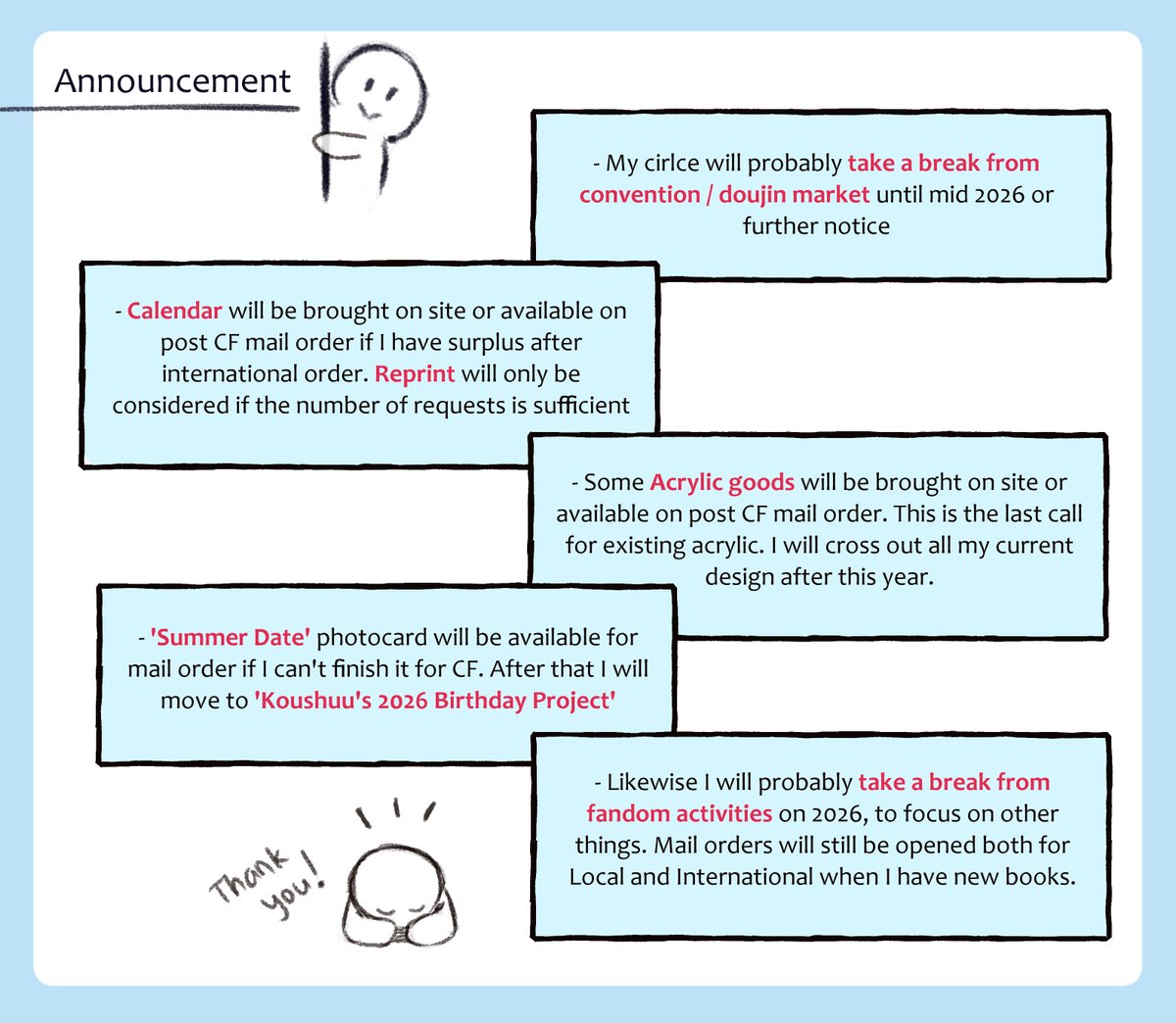 Hello, hope you're well 🫶

I have some announcement📢 regarding mail orders, convention, and next year's activities.
