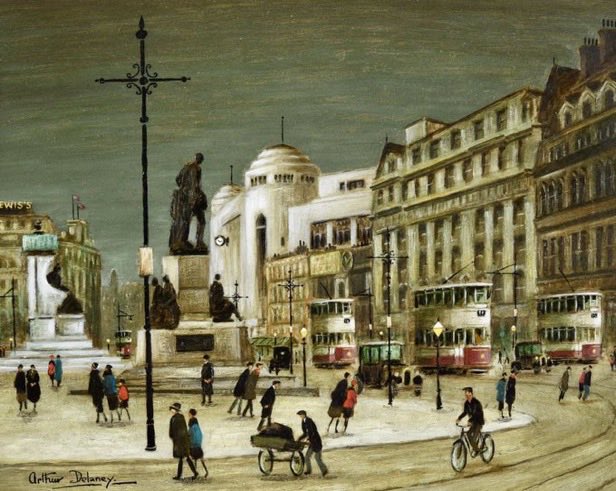 Piccadilly Gardens, Manchester, painting by Arthur Delaney (1927-87). #NorthernArt