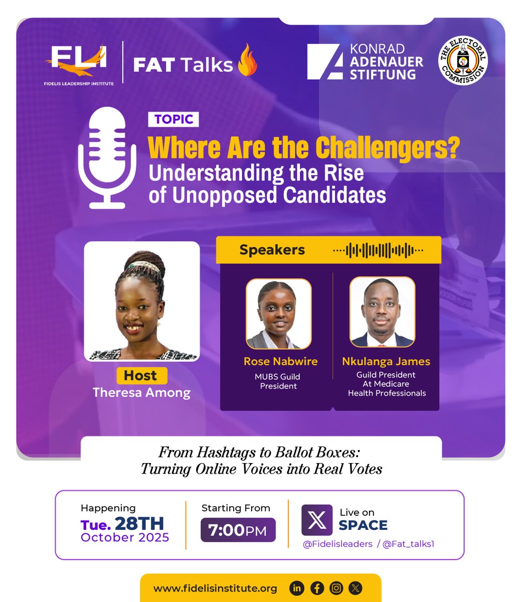 AmongTheresa's tweet image. Many seats. No challengers.

Uganda’s democracy can’t grow when fear, cost &amp;amp; corruption silence competition.

Join #FATTalks TONIGHT at 7 PM as we unpack why so many leaders are unopposed  and how voter education can bring fairness back.

LINK : x.com/Fat_talks1/sta…
