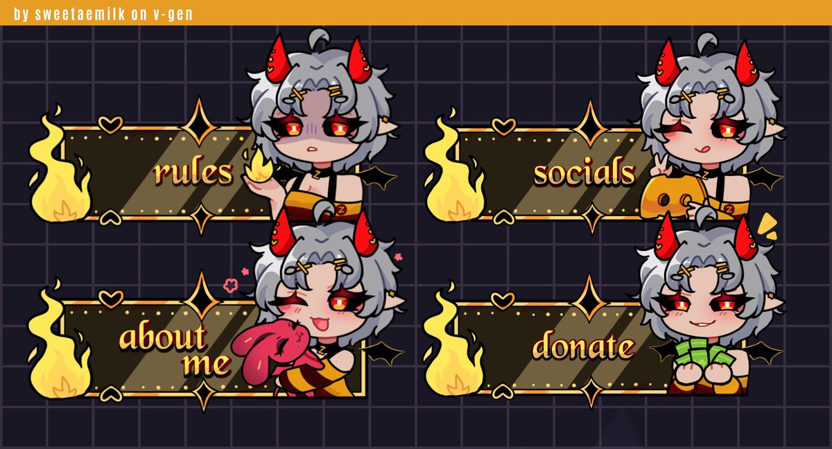 ZingerMaybeVT's tweet photo. Some Twitch panels I got from the awesome!! @Sweetaemilkk was a joy to work with you!!💛 If you want something similar https://t.co/FbeD9P3ay5 #ZingerVT #ZingerArt #Commission #Fanart https://t.co/vjsdZAieB2