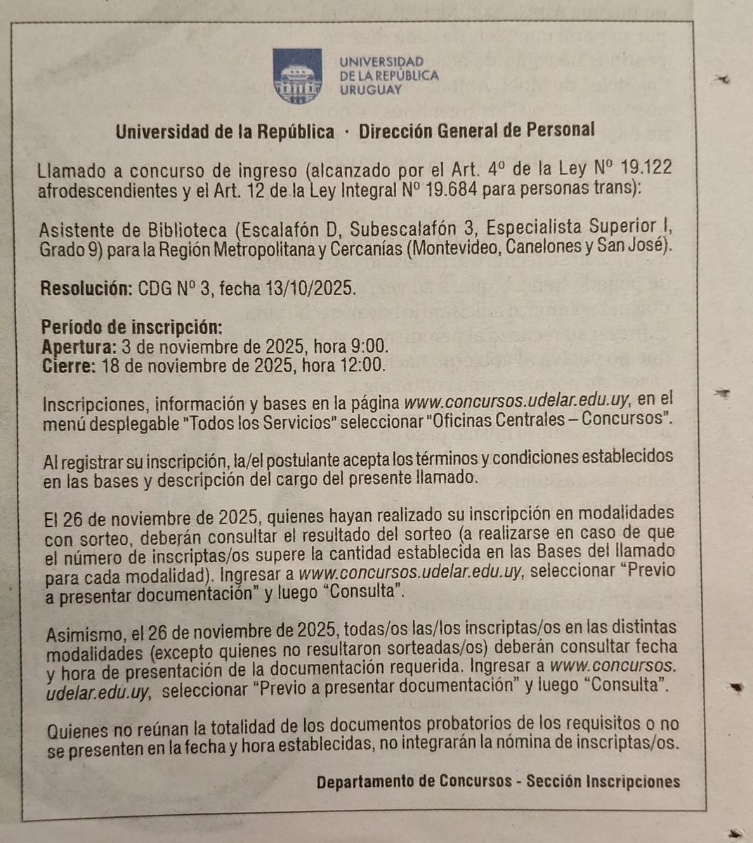 CustodioNat's tweet photo. #OfertaLaboral Asistente de Biblioteca UDELAR https://t.co/NXxYiCdV9R
