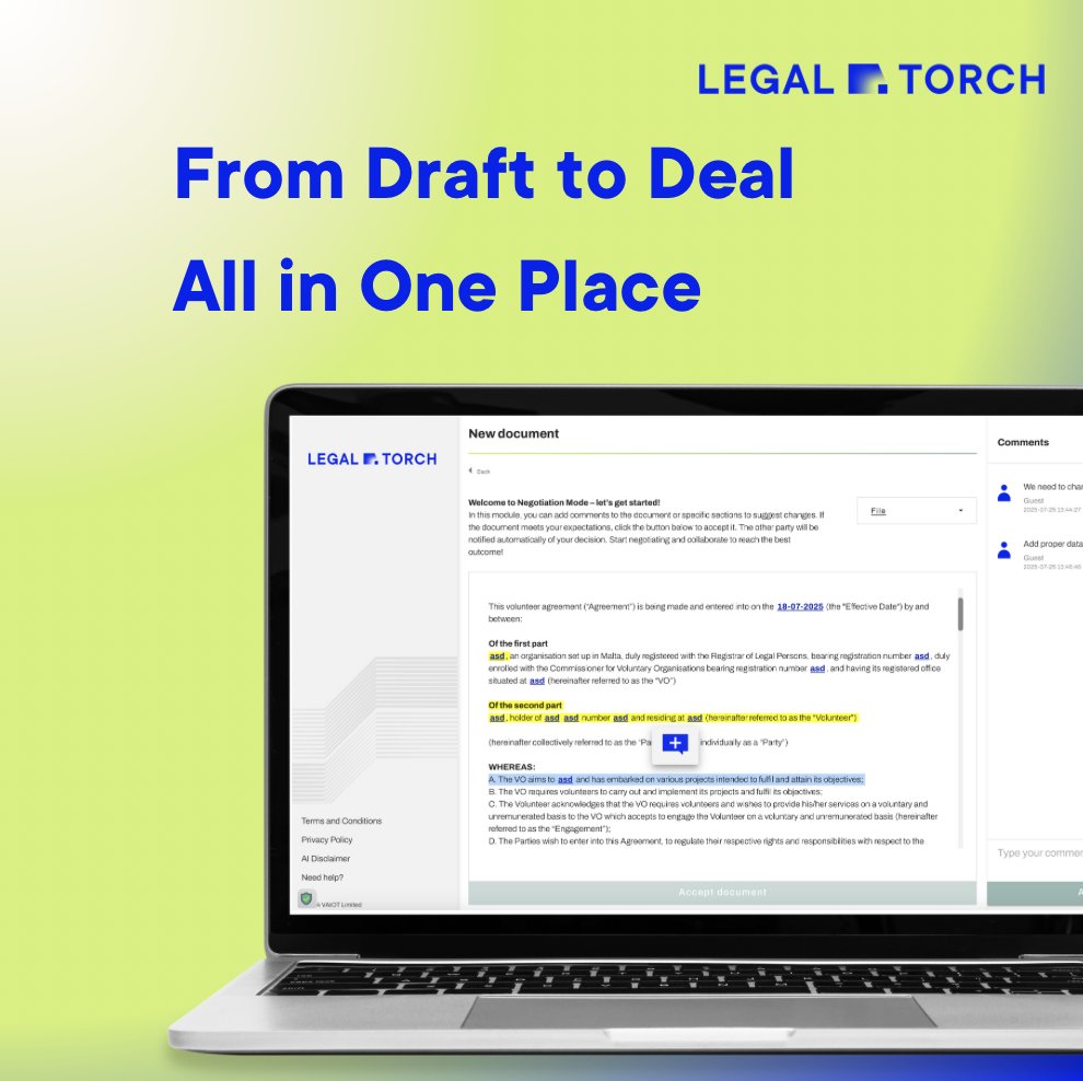 VAIOT_LTD's tweet image. 📑 With LegalTorch you don’t just create legal document &amp;amp; contract templates:
✔️ Download
✔️ Share or send for review
✔️ Add comments
✔️ Sign or send for e-signature — all in one platform.
🪙 Pay with $VAI &amp;amp; get 30% off.
legaltorch.pl | legaltorch.mt
#LegTech