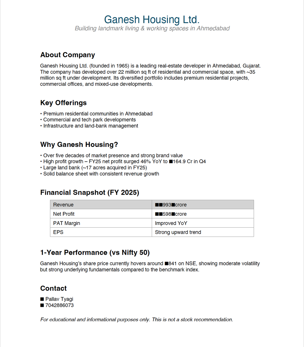 number99lala's tweet photo. Lately, I’ve been exploring how design and finance can come together to tell better stories.
Here’s my latest attempt — a one-page visual breakdown of Ganesh Housing Ltd.
It’s not about buy or sell — it’s about understanding why companies perform the way they do.
#Finance https://t.co/gqxkG17XVn