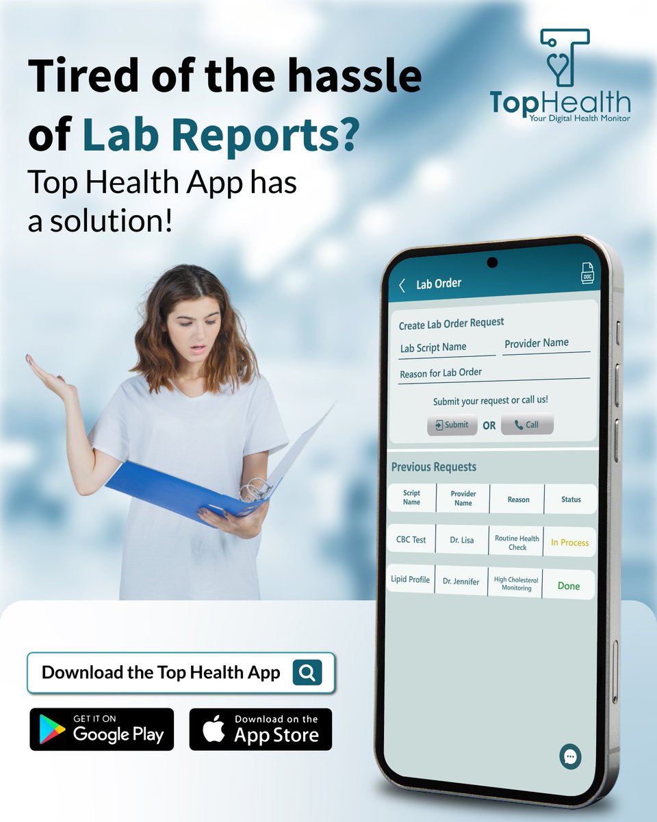 TopHealthApp's tweet image. We know lab reports can be a headache, that’s why we made it simple.
Manage all your reports effortlessly with the Top Health App.
#labreport #digitalcare #healthapp #tophealthapp #Labs #Telehealth  #recordkeeper