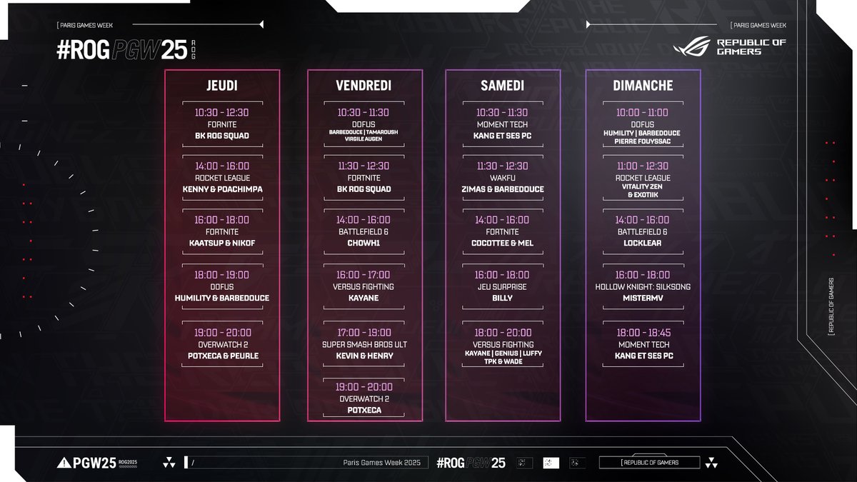 ASUS_ROG_FR's tweet image. Nous avons très hâte de vous retrouver à la #ROGPGW25 !

En attendant le grand jour, découvrez dès maintenant le planning complet 👇