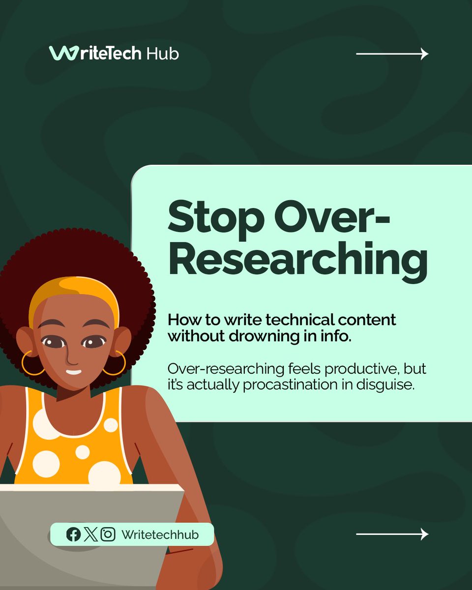 WriteTechHub's tweet image. Every great technical doc starts with research; it’s part of the process.
But sometimes, that “quick research” turns into 20 open tabs, three days later… and still, no writing. 
That’s OVER-RESEARCHING
A thread 🧵