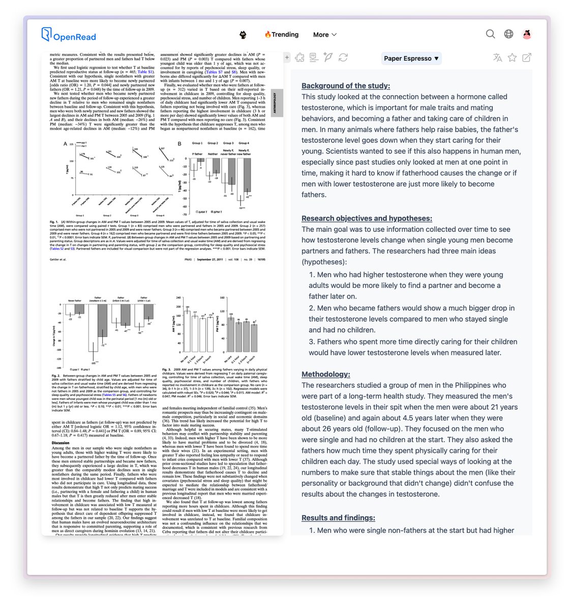 <a href="/IterIntellectus/">vittorio</a> Results and findings:

1. Men who were single non-fathers at the start but had higher morning testosterone were more likely to be partnered and have a child by the time of the follow-up.

2. The men who became partnered fathers showed a very large drop in their testosterone