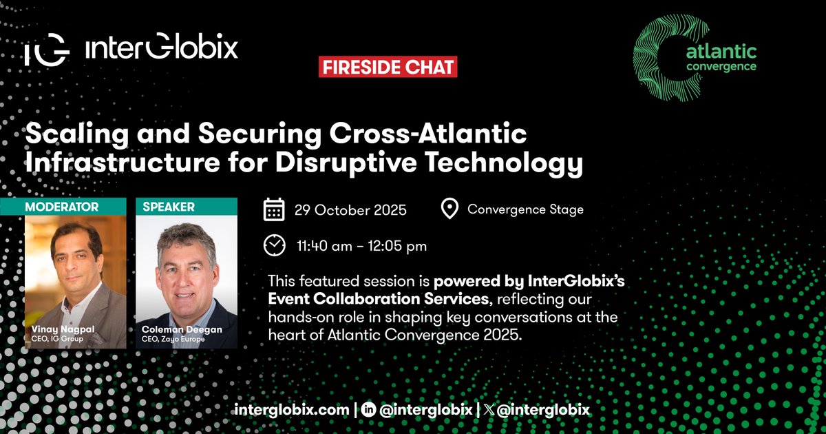 Innovation without infrastructure is just an idea.

Today, with AI, IoT, and cloud shaping the global economy, resilient digital infrastructure has become the lifeline of progress.

At Atlantic Convergence 2025, Vinay Nagpal (CEO, IG Group) and Colman Deegan (CEO, Zayo Europe)