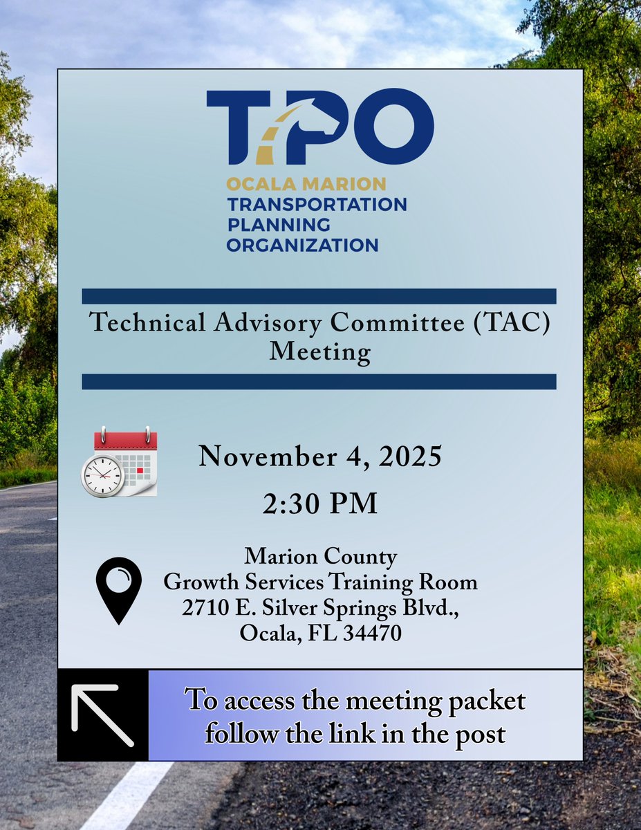The CAC and TAC meeting packets are available to view online.  You can access the packets by following the links provided below:

CAC: ocalamariontpo.org/wp-content/upl…

TAC: ocalamariontpo.org/wp-content/upl…