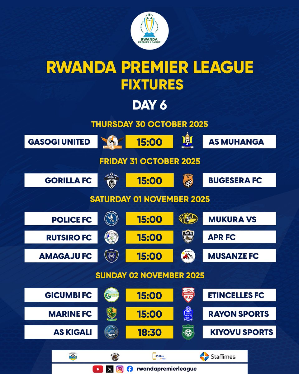 Umunsi wa 6 wa Rwanda Premier League wahageze ✨

Ikipe yawe izabona amanota atatu?

#RwandaPremierLeague #RPL2026