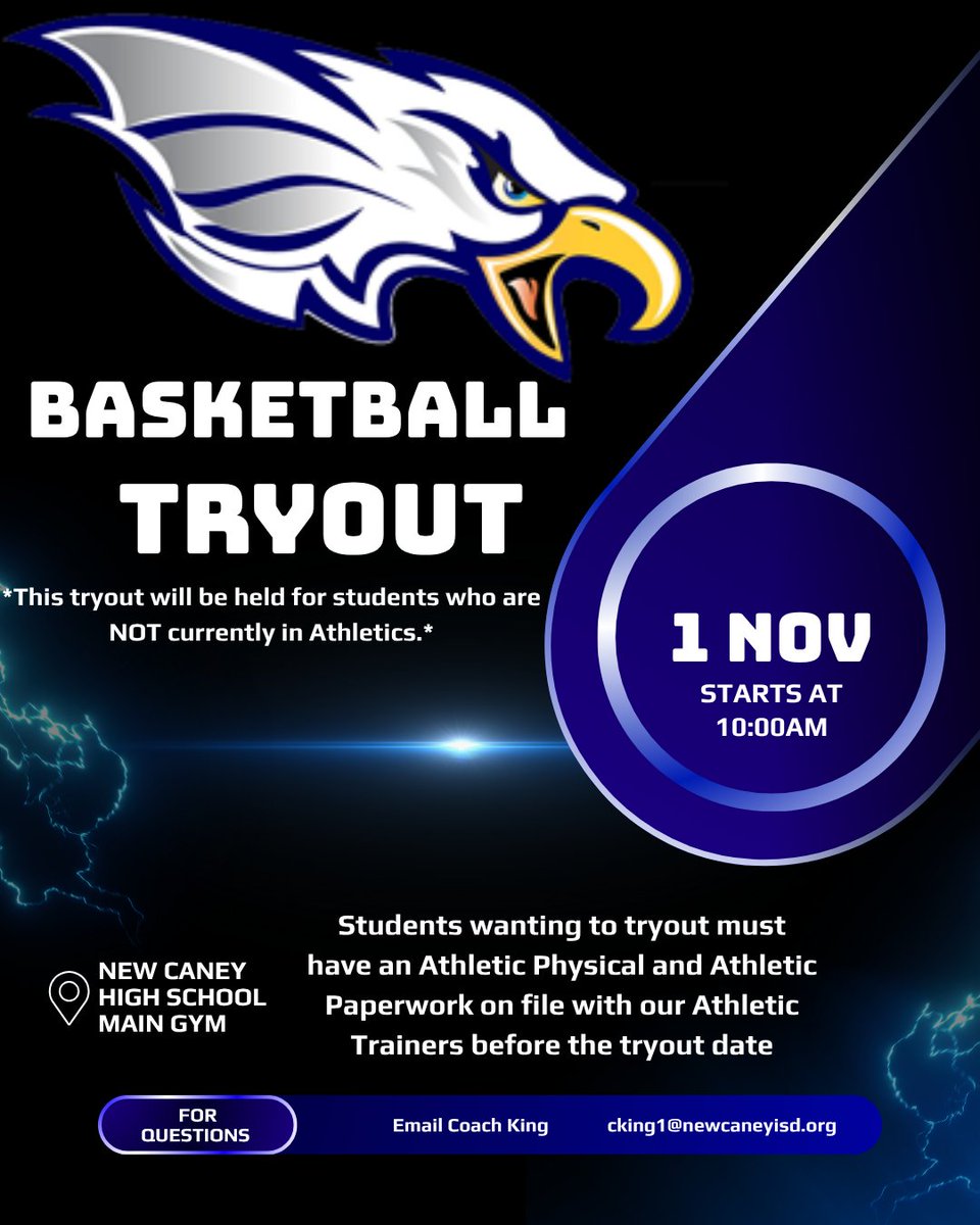 This is a reminder that Boys Basketball Tryouts will be held THIS SATURDAY (November 1st) at 10:00am in the NCHS main gym. This tryout is for students who are not currently in the athletic class period.