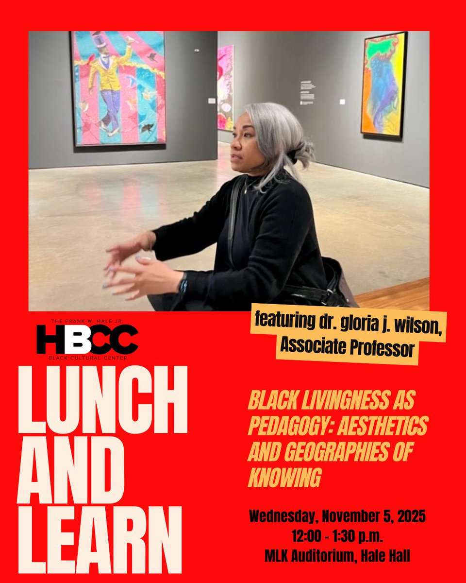 osuhbcc's tweet image. Join the Hale Center for a Lunch and Learn on Wednesday, November 5 featuring dr. gloria j. wilson, Associate Professor of Art Administration, Education, and Policy!

Lunch will be provided. All are welcome to register at go.osu.edu/HBCCLunchandLe…