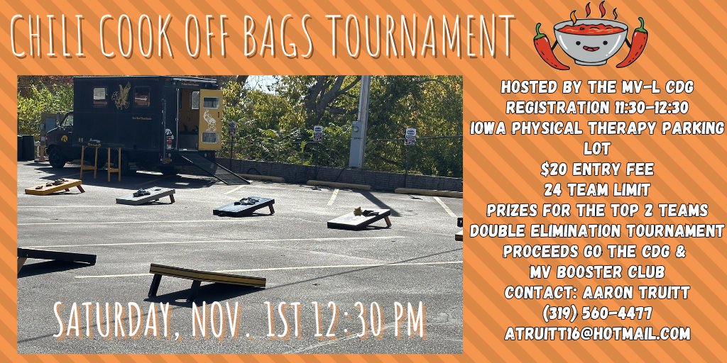 Chili Cookoff Bags Tourney is this Saturday! 
Hit me up if you are wanting to play.  
Registration from 11:30-12:30
Tournament will start shortly after.