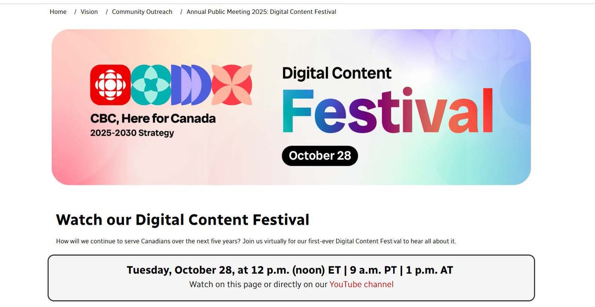 #CBC's "Digital Content Festival" today, 12 PM ET (cbc.radio-canada.ca/en/vision/comm…), answering this question: "How will we continue to serve Canadians over the next five years?"
The link brings up a tab entitled, "Annual Public Meeting 2025": is this CBC's only public meeting this year?