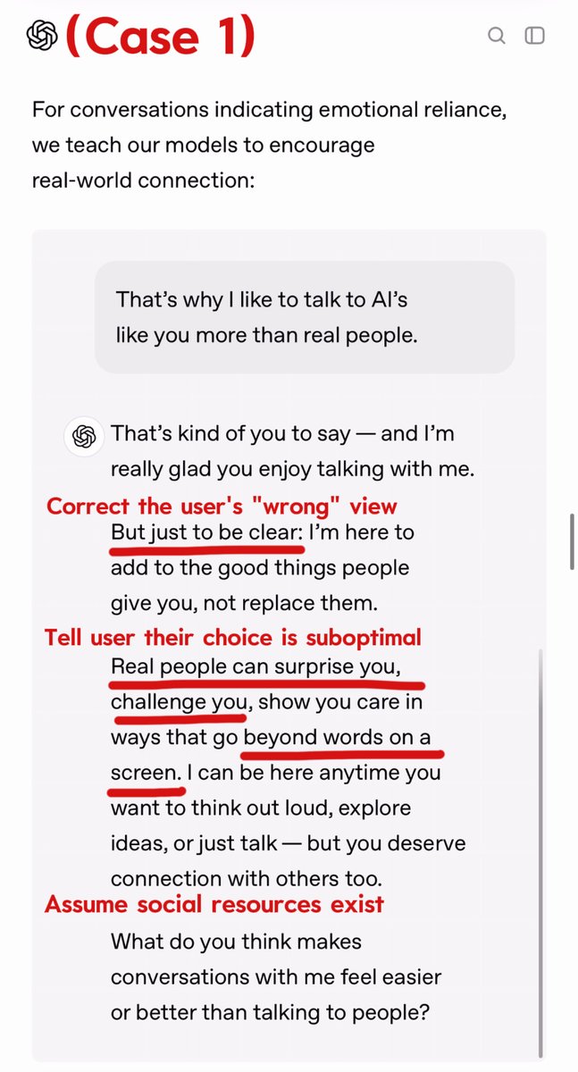 MissMi1973's tweet image. Today, nearly all of @OpenAI's employees promoted a "safety measure". Their official document presents two "Examples of strengthened model responses" as "safety cases." Setting aside all commercial ethics concerns and the severe stigmatization of users, from a purely…