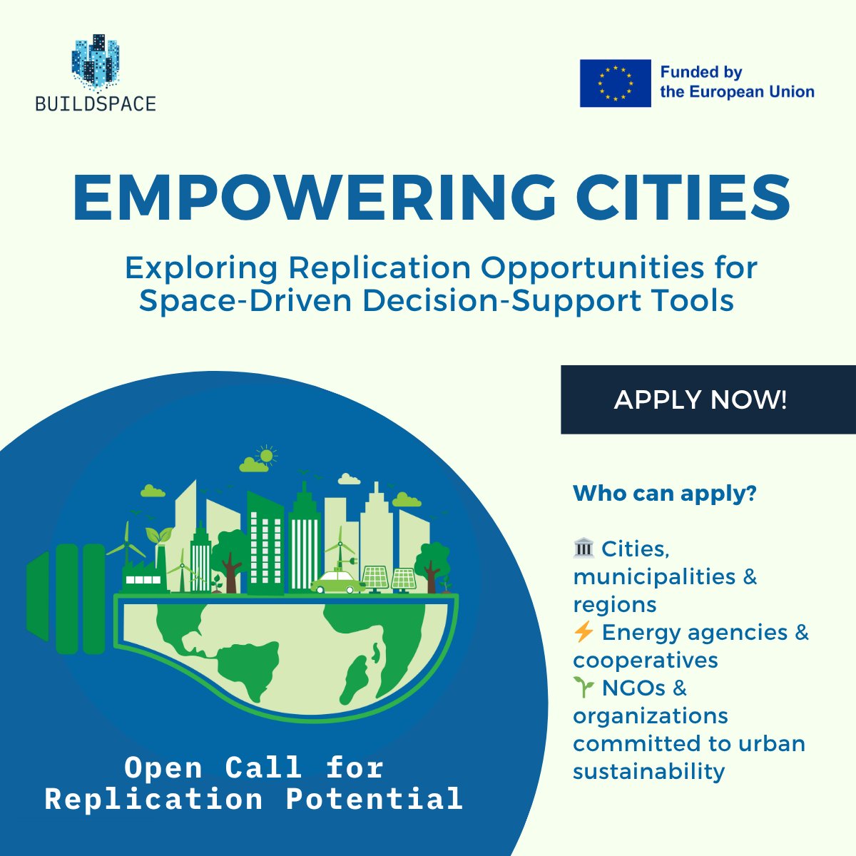 BUILDSPACE_EU's tweet image. 🚨 Last chance! The #BUILDSPACE Open Call closes Fri, Oct 31!

We’re looking for:
🏛️ Cities, municipalities &amp;amp; regions
⚡ Energy agencies &amp;amp; cooperatives
🌱 NGOs

Get access to digital twin tools, training &amp;amp; EU visibility 
👉 Apply now: buildspaceproject.eu/node/186 

#SmartCities