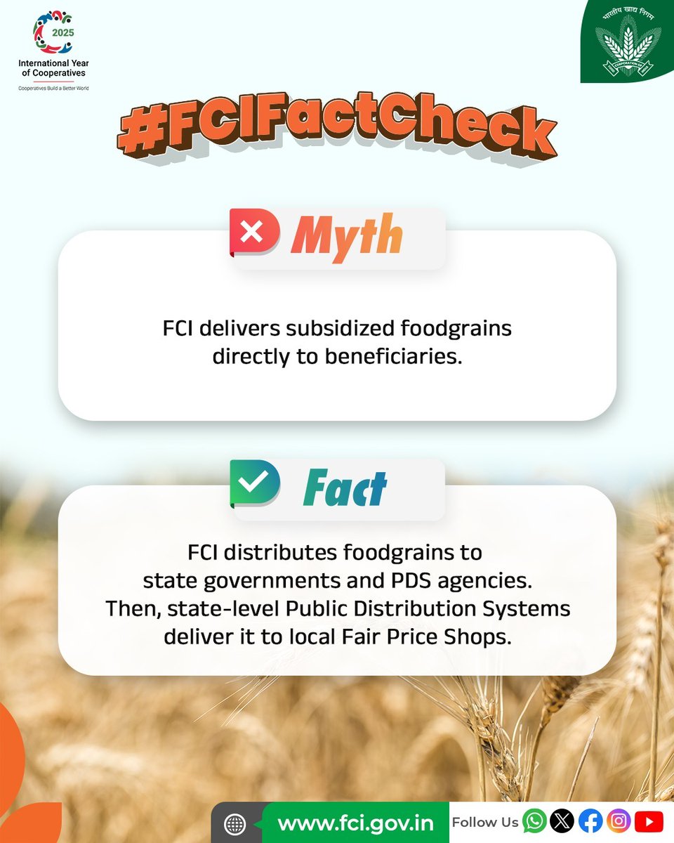 To ensure foodgrains reach every plate, FCI works with state governments and their Public Distribution Systems to supply foodgrains to local Fair Price Shops, from where they are distributed to beneficiaries.

#Myth #Fact #FoodSecurity