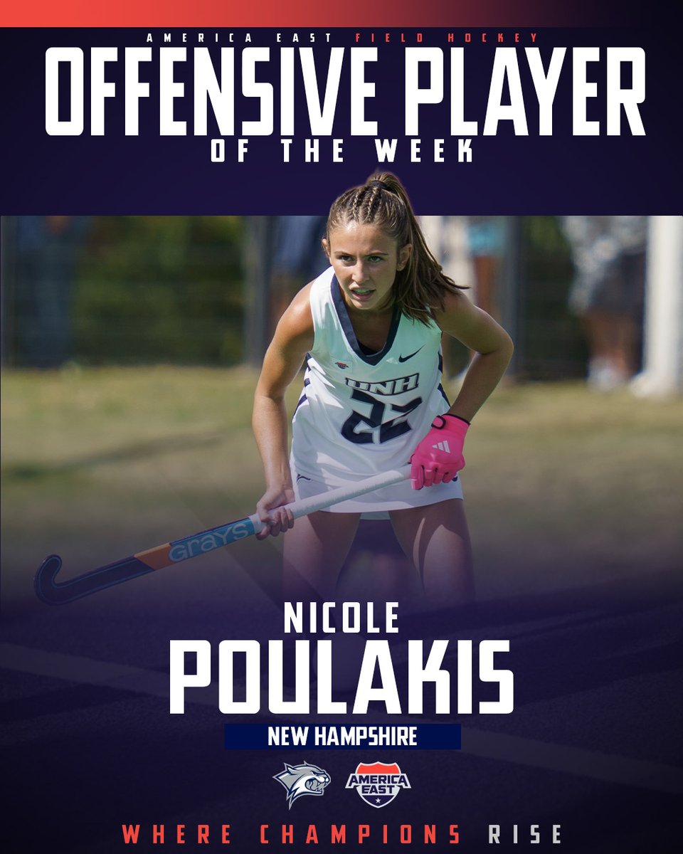 AmericaEast's tweet photo. With one game remaining in #AEFH conference play it’s a three way tie for first place with four teams still in the mix to hoist the regular-season trophy. 

Offensive Player of the Week: Nicole Poulakis, New Hampshire
- Had a six point week with three goals scored

Defensive Player of the Week: Abby Johnson, New Hampshire 
- Recorded eight saves to help New Hampshire shutout UAlbany, 3-0

Rookie of the Week: Rena Pistilli, UMass Lowell 
- Recorded a defensive in the match versus Maine to keep the game tied, 2-2,

https://t.co/hsIbijEZgZ