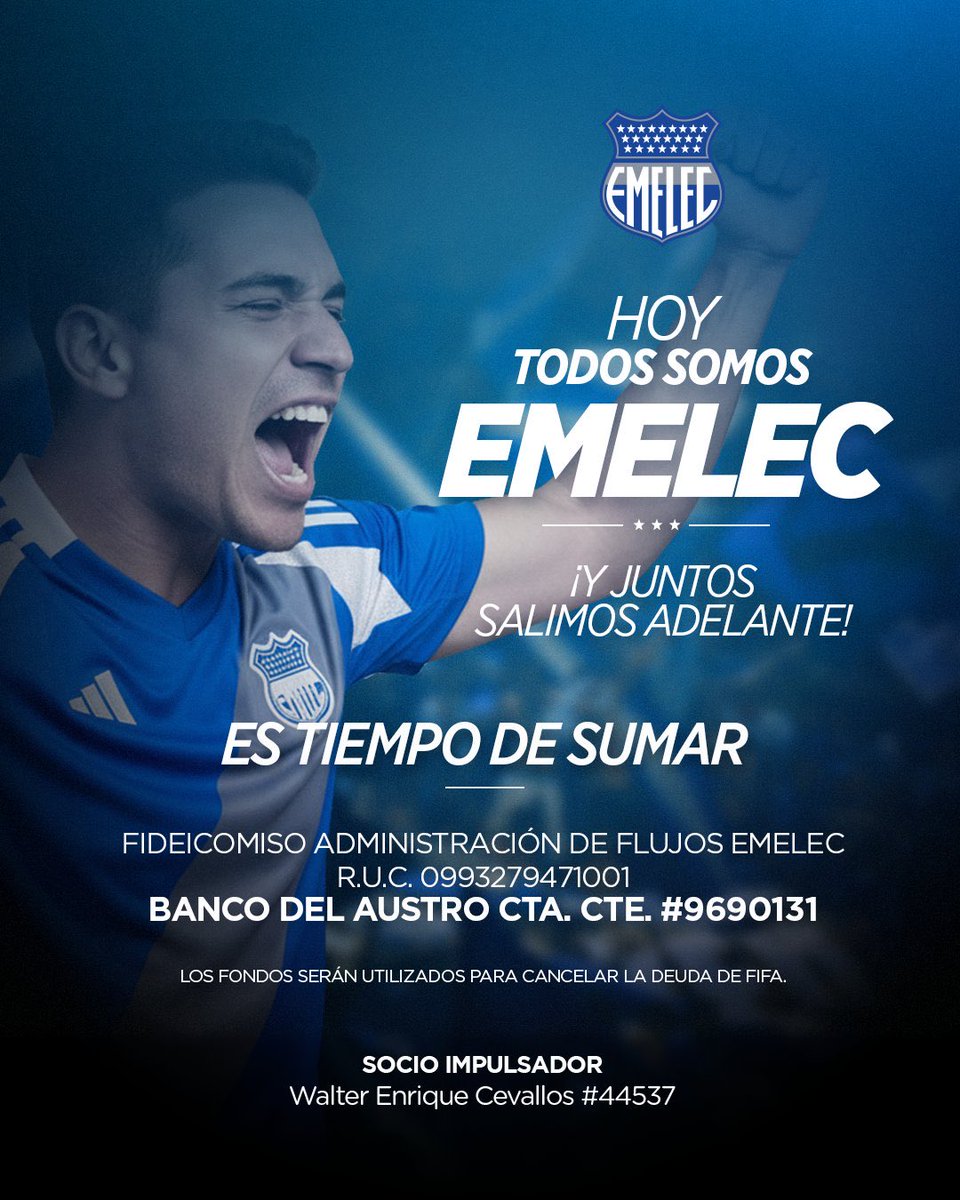 CSEmelec's tweet photo. 💙 ¡LOS SOCIOS IMPULSAN, LA HINCHADA RESPONDE!
La pasión por Emelec nos une. Hoy, los socios e hinchas son parte del camino, demostrando su compromiso inquebrantable.
¡ES TIEMPO DE SUMAR! Y a demostrar por qué somos la hinchada más fiel.
Tu contribución es VITAL. https://t.co/Z8dexL7DPf