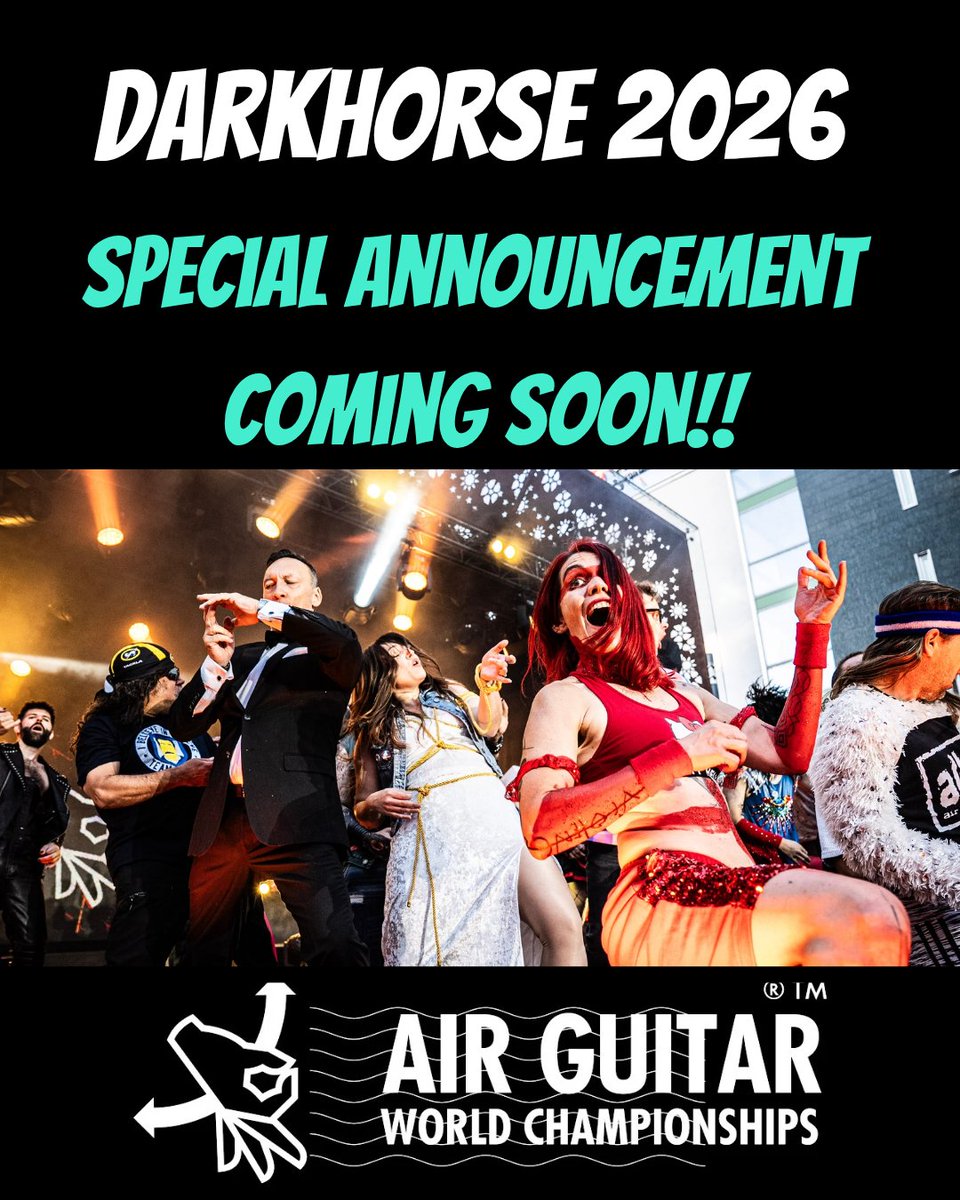 Stay tuned! We have BIG NEWS coming to the 2026 Air Guitar World Championships schedule that will start with the Darkhorses! Be sure to follow, like, save, comment and share! Have you been to the finals before? Have you ever competed as a Darkhorse?