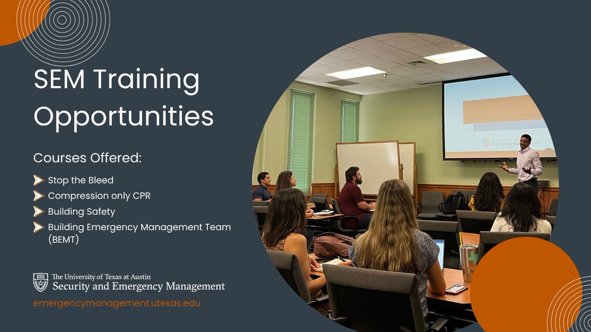 🧰 Preparedness starts with training.

OSEM offers sessions open to UT staff, faculty, and students—like Stop the Bleed, CPR, and Building Safety Training.

Learn more or request a session: bit.ly/SEMTrainings

#UTReady #CampusSafety