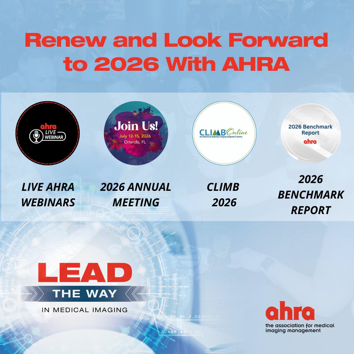 2026 is packed with possibility! 🌟 Renew your AHRA membership by Dec 31 to access AHRA 2026, CLIMB, live webinars, benchmarking tools &amp; more. 

Stay informed, inspired &amp; ahead in imaging leadership. 🔗 ahra.org/membership/joi…

#AHRA
